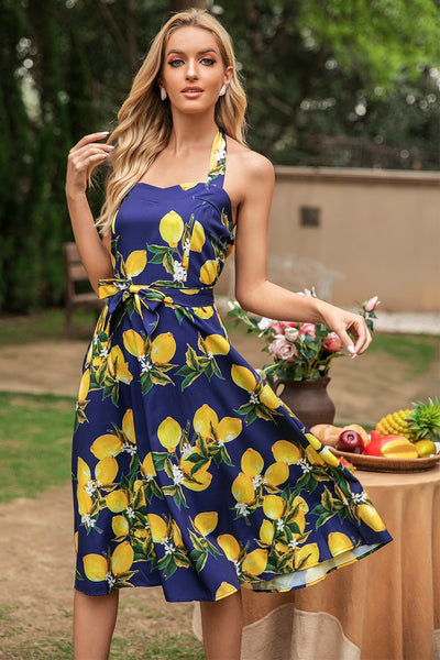 Lemon Pin Up Navy Blue Halter Dress
