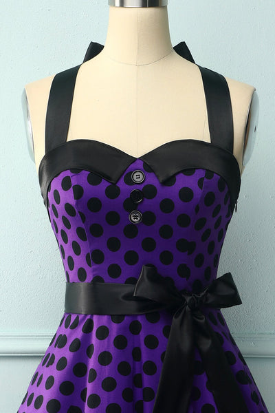 Purple Halter Dress With Black Polka Dots