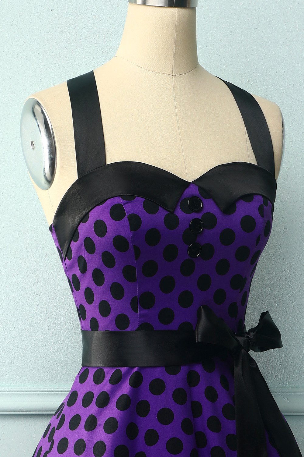 Purple Halter Dress With Black Polka Dots
