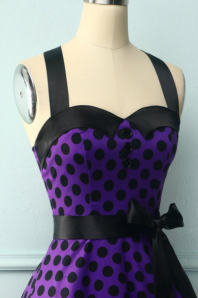Purple Halter Dress With Black Polka Dots