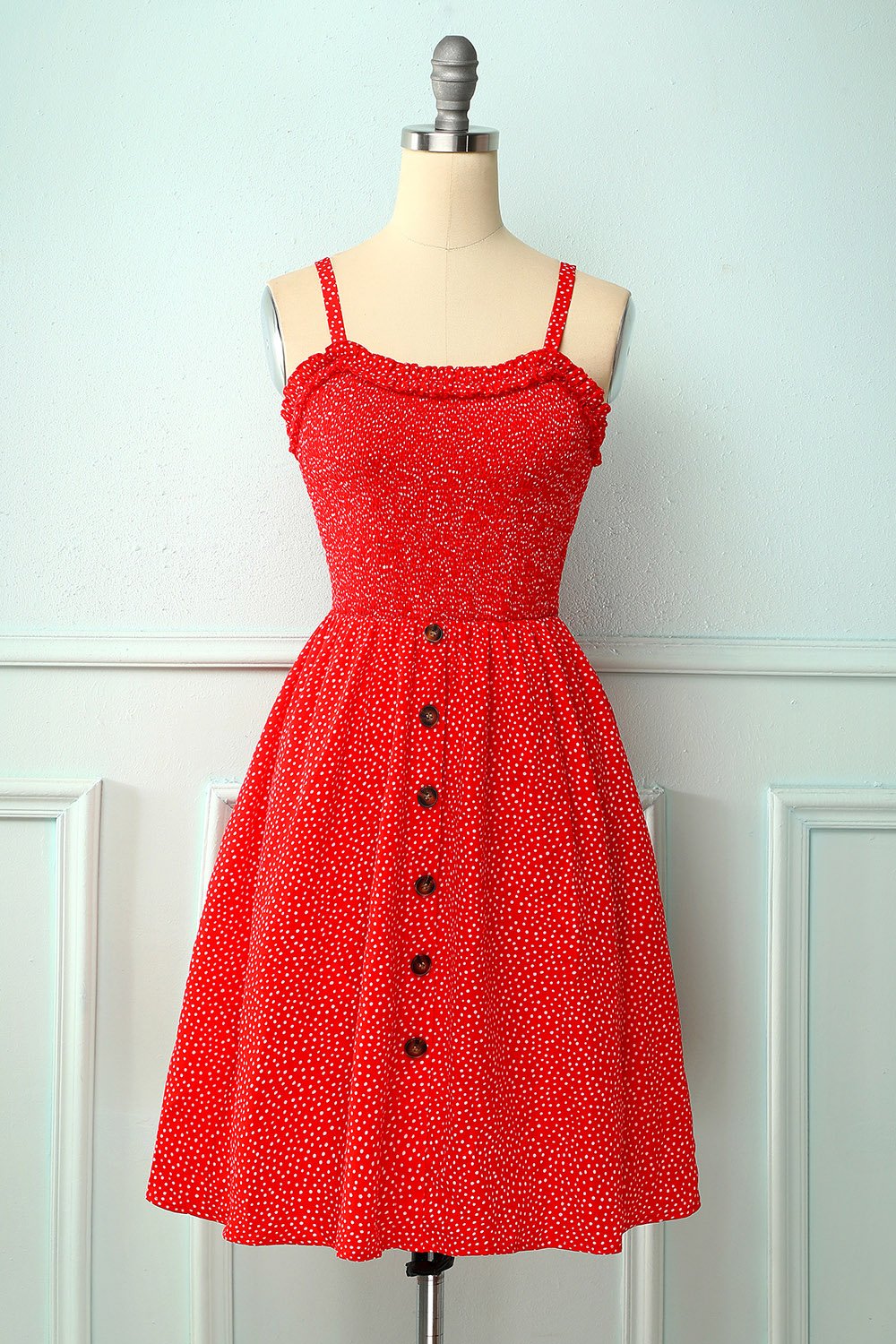 Vintage Red Floral Dress With Button