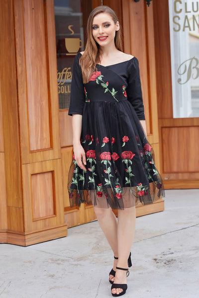 Black Vintage Dress With Rose Embroidery