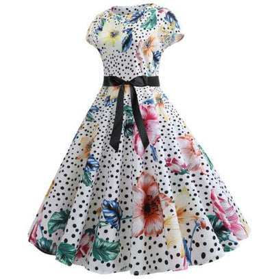 1950s Dress White Flowers And Polka Dots