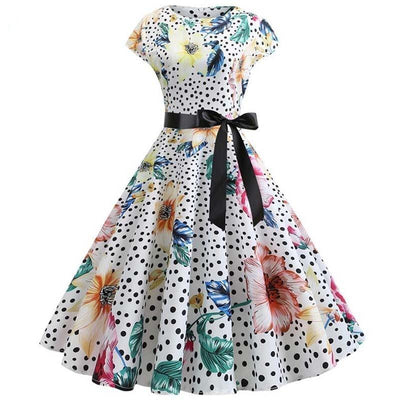 1950s Dress White Flowers And Polka Dots