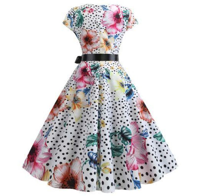 1950s Dress White Flowers And Polka Dots