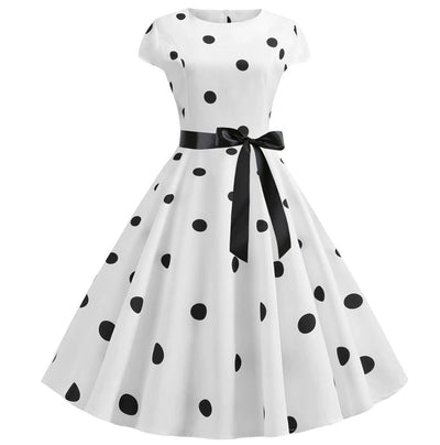 Vintage Flare Dress White Black Dots