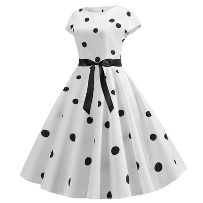 Vintage Flare Dress White Black Dots