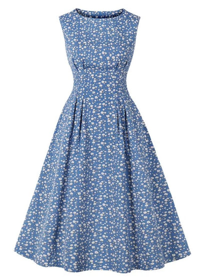 Vintage Flare Dress Blue White Flowers