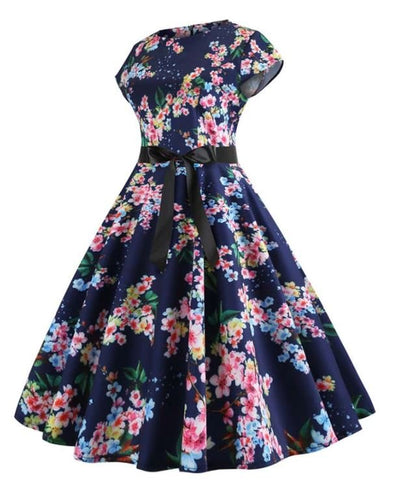 Flared Vintage Blue Dress With Little Leaves