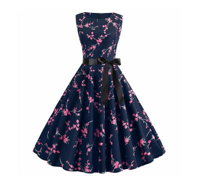 Navy Vintage Flared Dress Flowers