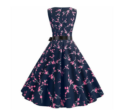 Navy Vintage Flared Dress Flowers