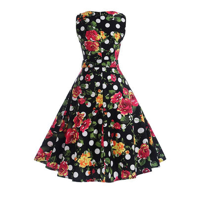Vintage Navy Polka Dot Floral Flared Dress