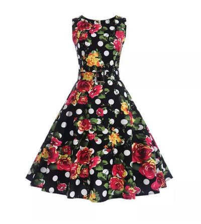 Vintage Navy Polka Dot Floral Flared Dress