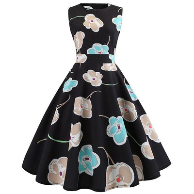 Vintage Flare Dress Black Flowers