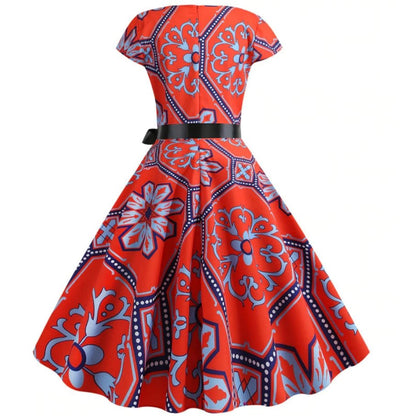 Flared Vintage Dress Red Flowers
