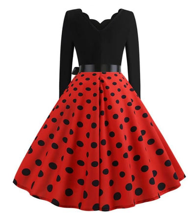Red Vintage Flared Dress With Black Polka Dots
