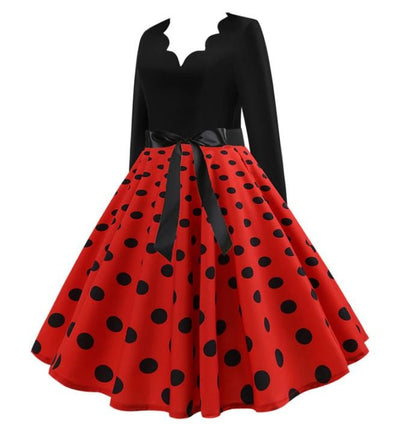 Red Vintage Flared Dress With Black Polka Dots