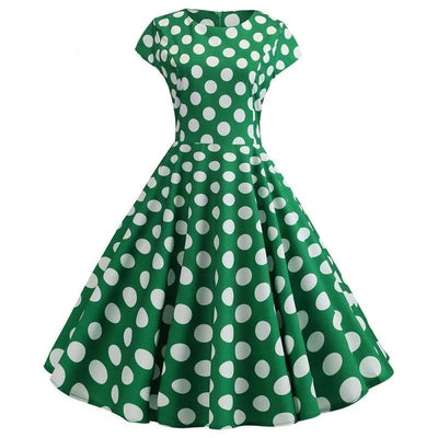Flared Vintage Green Dress With White Polka Dots