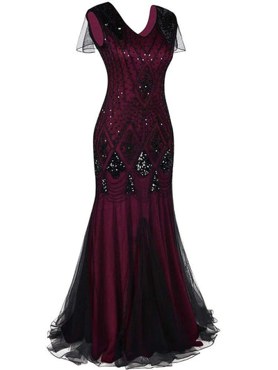 Burgundy And Black Haute Couture Long Gatsby Dress