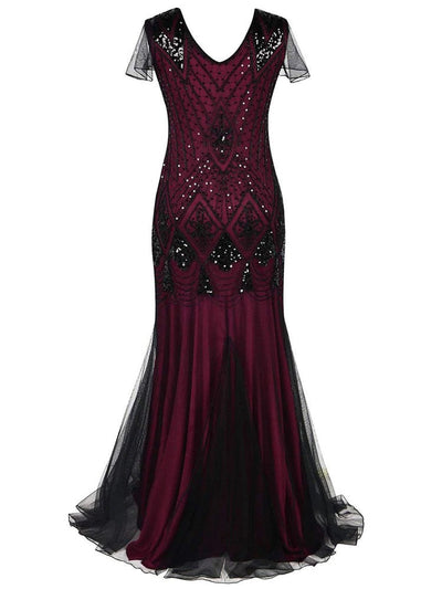 Burgundy And Black Haute Couture Long Gatsby Dress
