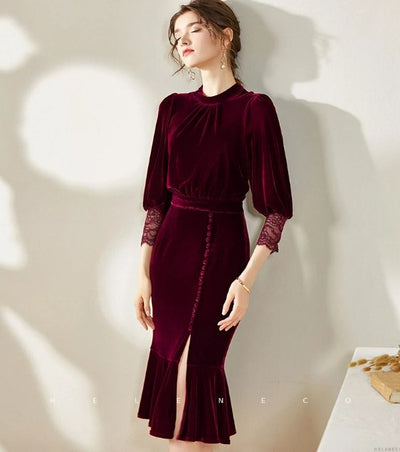 Burgundy Vintage Fall Winter Dress