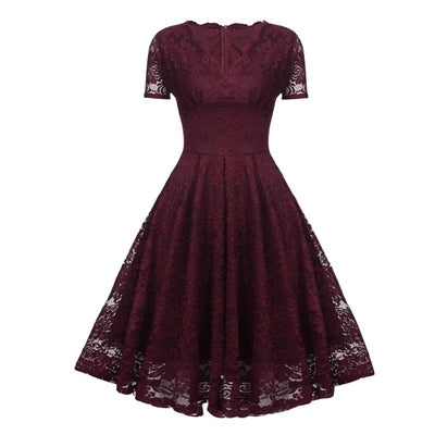 Burgundy Lace V-Neck Vintage Dress