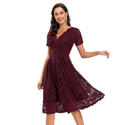 Burgundy Lace V-Neck Vintage Dress