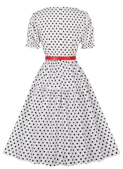 White Polka Dot Round Neck Vintage Dress