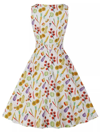 Cream Floral Round Neck Vintage Dress