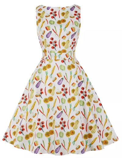 Cream Floral Round Neck Vintage Dress