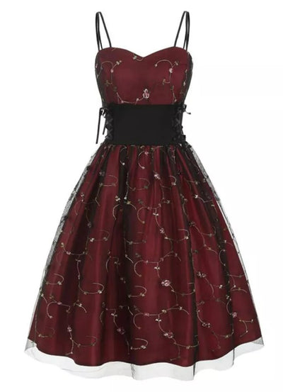 Burgundy High Waist Plus Size Vintage Dress
