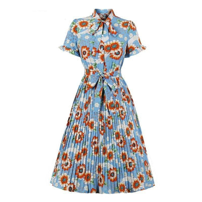 Sky Pleated Vintage Dress