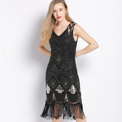 Black Gold Sequins 1920s Vintage Dress
