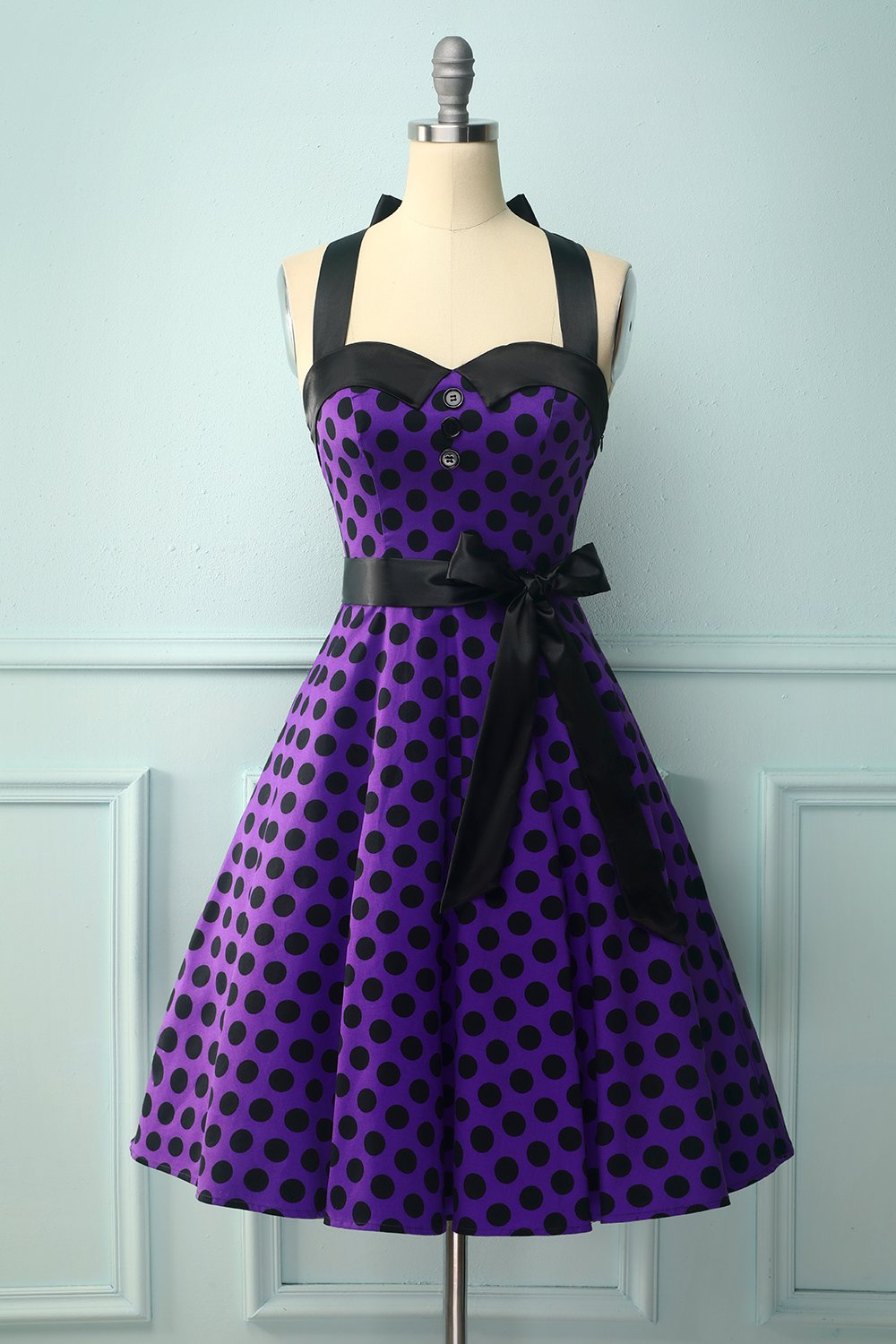 Purple Halter Dress With Black Polka Dots