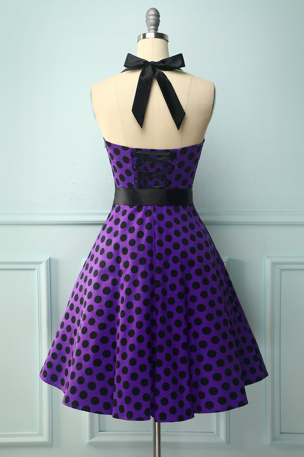 Purple Halter Dress With Black Polka Dots