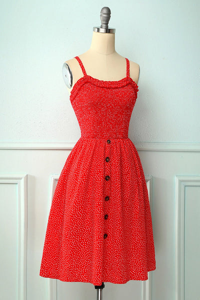 Vintage Red Floral Dress With Button