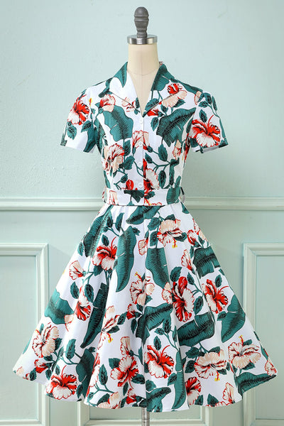 V-Neck Vintage Dress With Flower Print