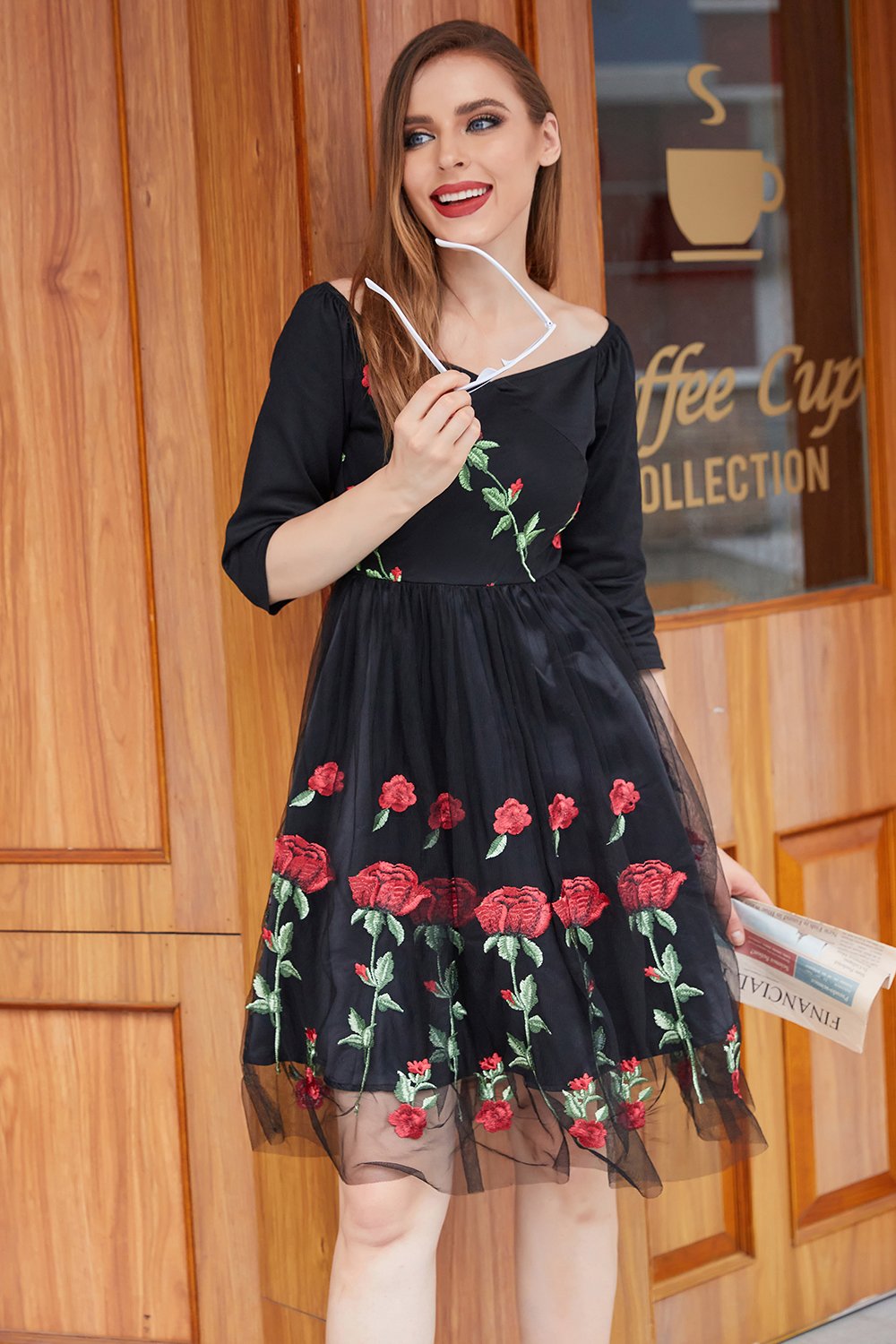 Black Vintage Dress With Rose Embroidery