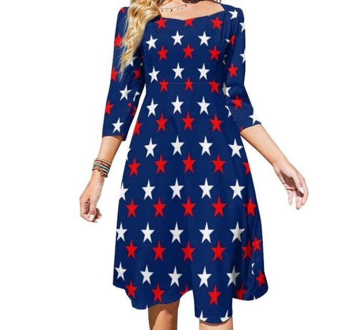 Women's Vintage 70s Plus Size Dark Blue Star Print Dress