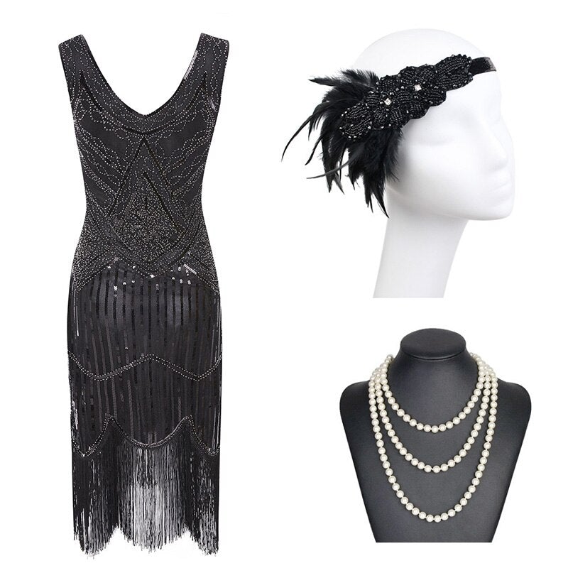 Silver And Black 20s Fringe Dress