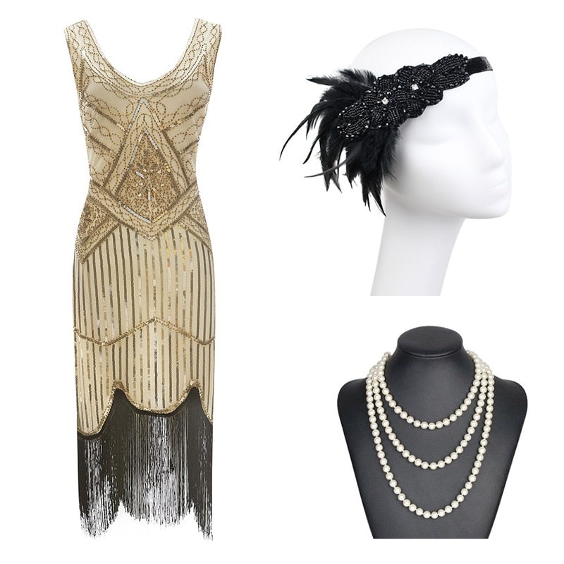 20s Fringe Dress Beige