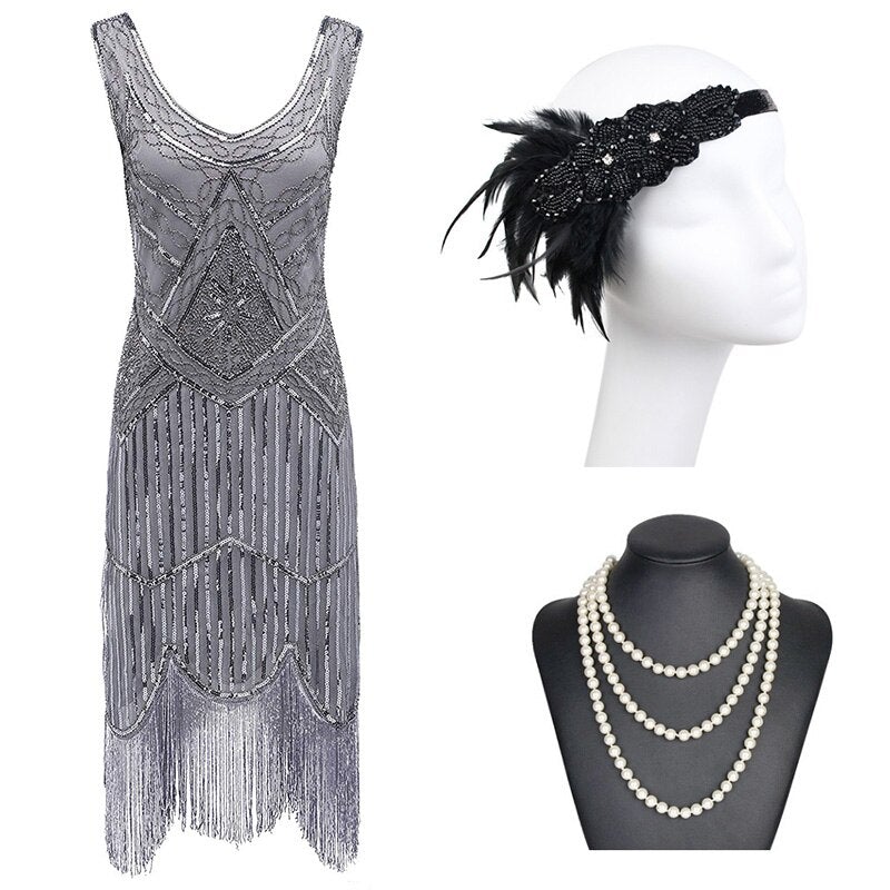 20s Fringe Dress Gray