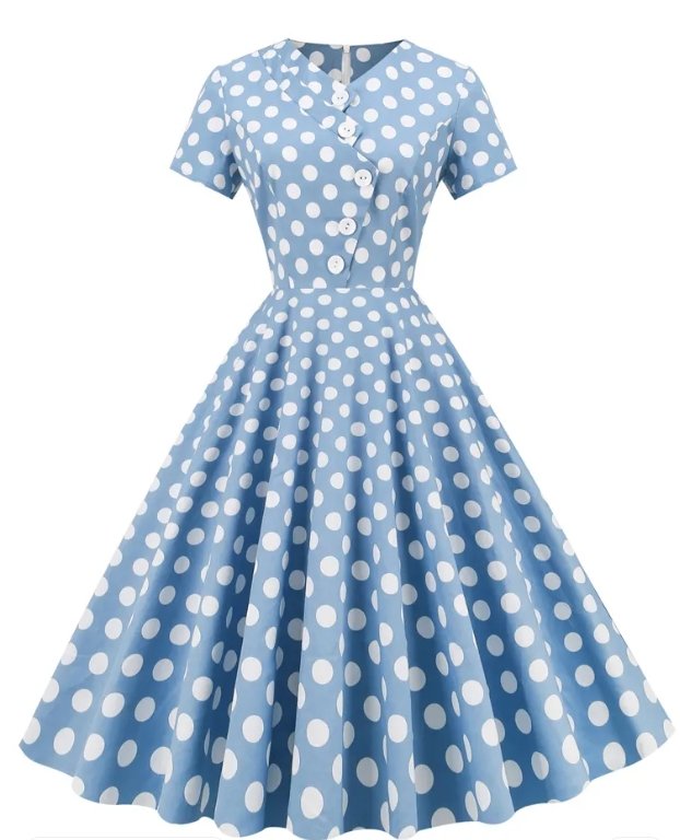 Åben vintage blå polka prikket kjole