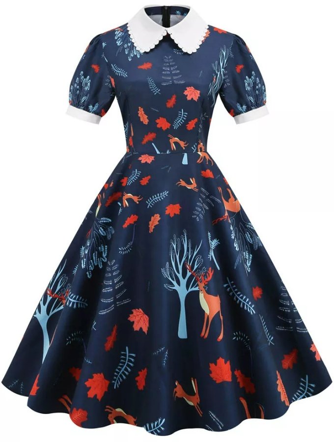 Navy Floral 50s Dress