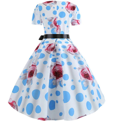 Blue Polka Dot Flower 50s Dress