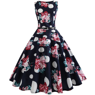 1950s Pin Up Flower Polka Dot Dress