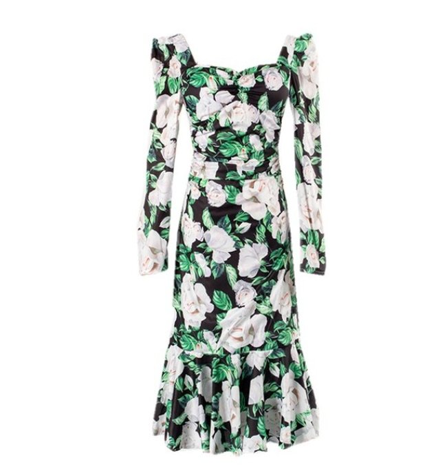 Green Floral Vintage Ceremony Dress