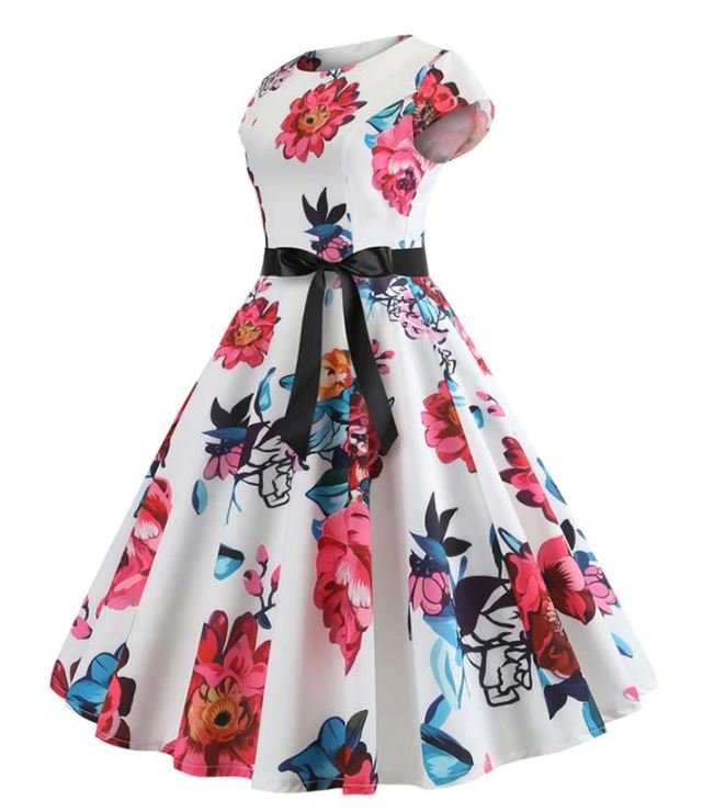 White And Pink Vintage Flare Dress