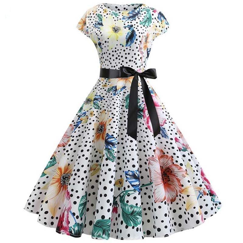 1950s Dress White Flowers And Polka Dots