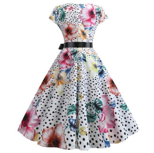1950s Dress White Flowers And Polka Dots